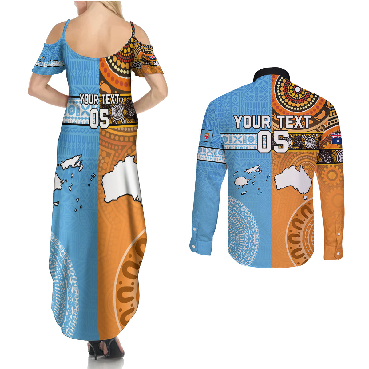 Custom Fiji Tapa And Australia Aboriginal Together Couples Matching Summer Maxi Dress and Long Sleeve Button Shirt LT05 - Polynesian Pride