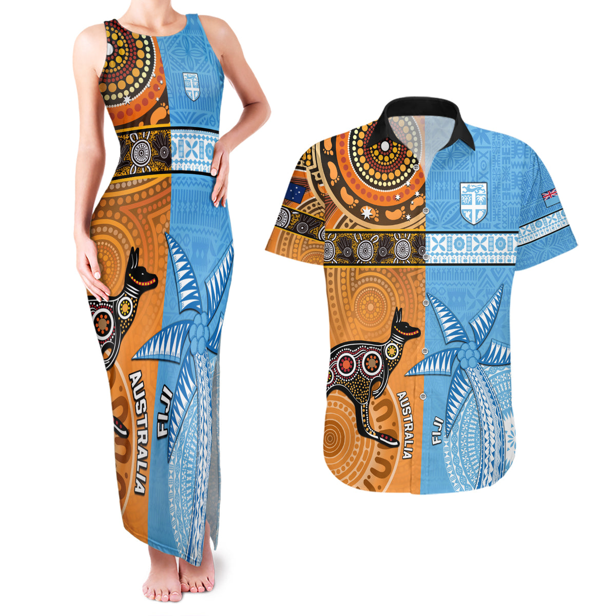 Custom Fiji Tapa And Australia Aboriginal Together Couples Matching Tank Maxi Dress and Hawaiian Shirt LT05 Blue - Polynesian Pride