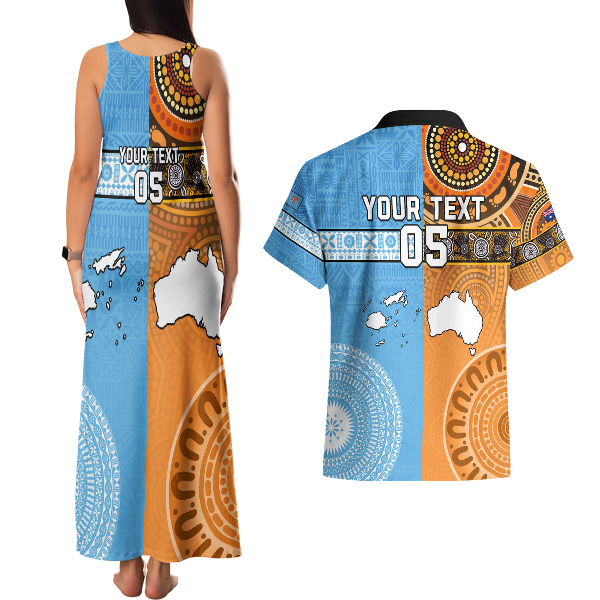 Custom Fiji Tapa And Australia Aboriginal Together Couples Matching Tank Maxi Dress and Hawaiian Shirt LT05 - Polynesian Pride