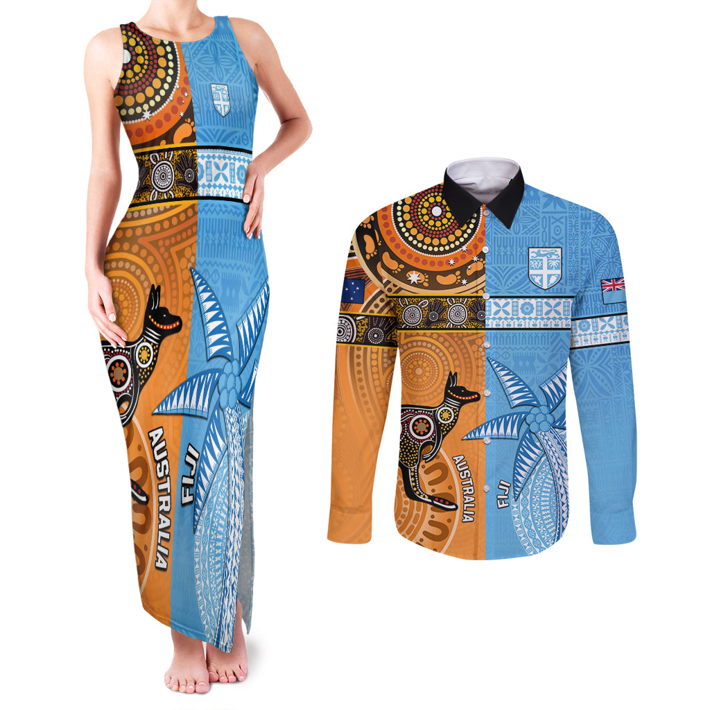 Custom Fiji Tapa And Australia Aboriginal Together Couples Matching Tank Maxi Dress and Long Sleeve Button Shirt LT05 Blue - Polynesian Pride