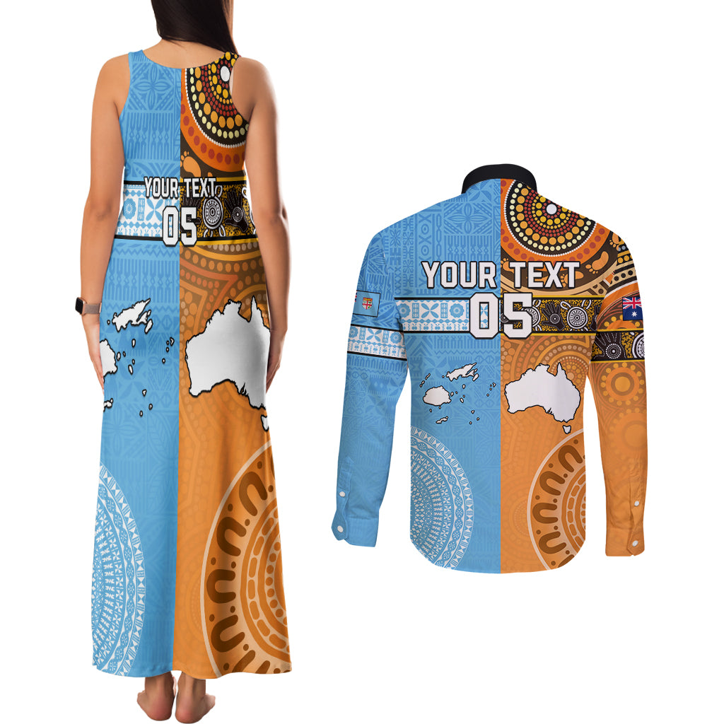 Custom Fiji Tapa And Australia Aboriginal Together Couples Matching Tank Maxi Dress and Long Sleeve Button Shirt LT05 - Polynesian Pride