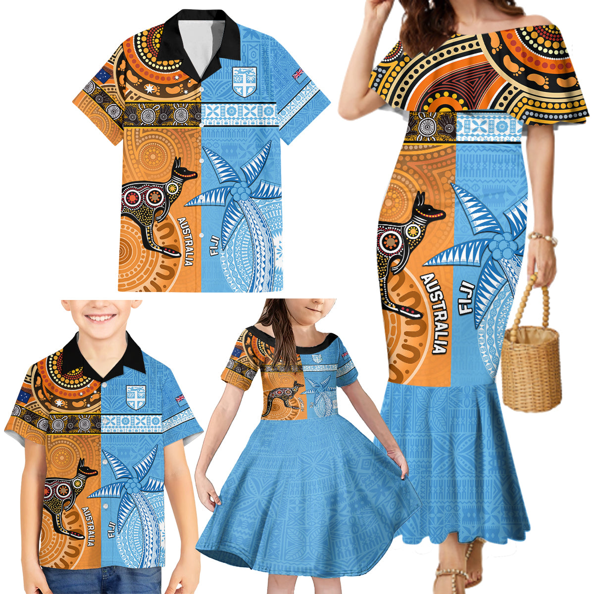 Custom Fiji Tapa And Australia Aboriginal Together Family Matching Mermaid Dress and Hawaiian Shirt LT05 - Polynesian Pride