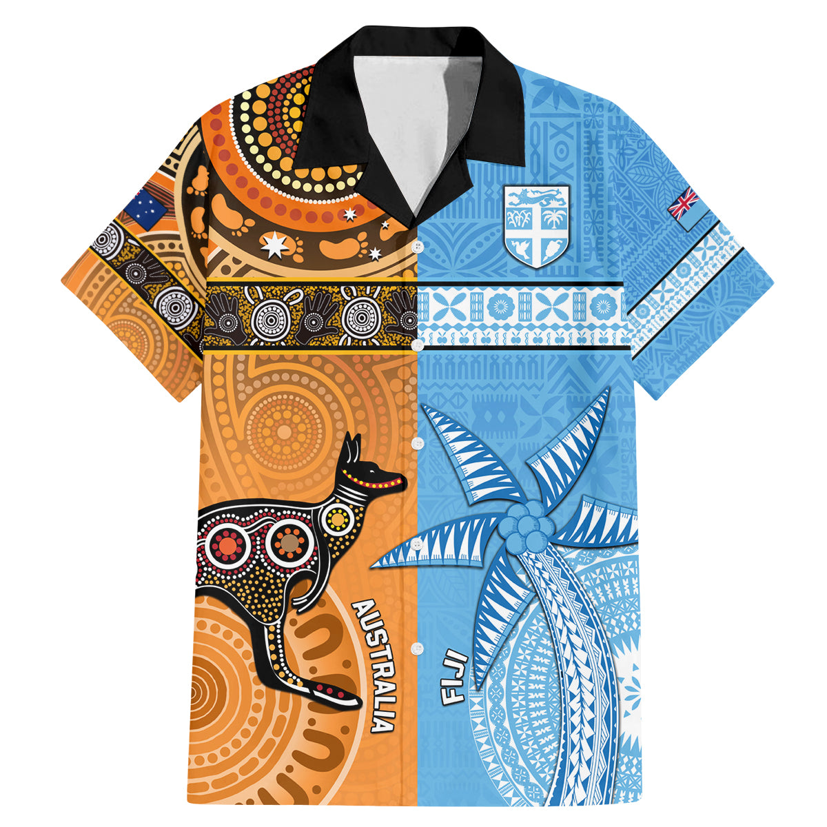 Custom Fiji Tapa And Australia Aboriginal Together Family Matching Mermaid Dress and Hawaiian Shirt LT05 Dad's Shirt - Short Sleeve Blue - Polynesian Pride