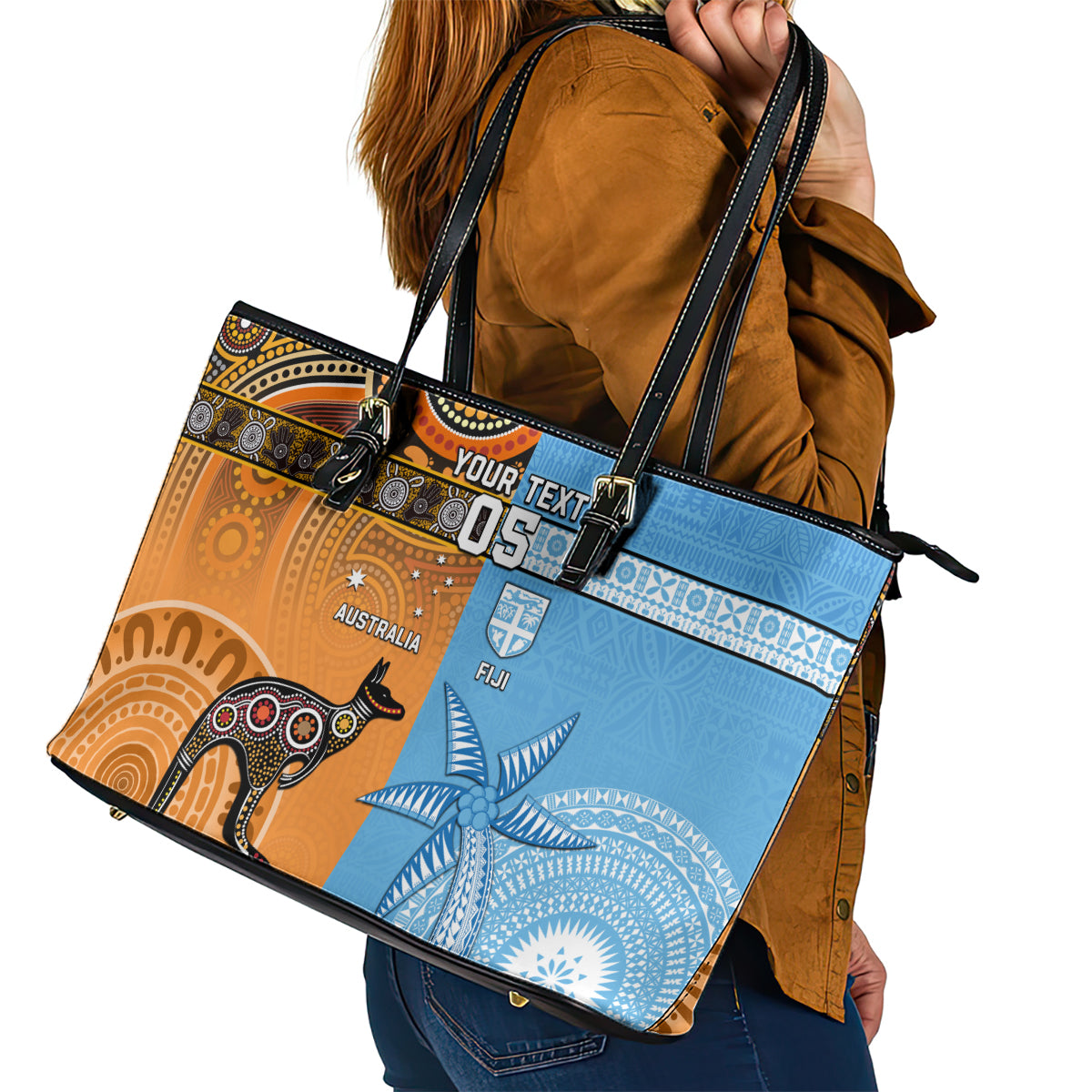 Custom Fiji Tapa And Australia Aboriginal Together Leather Tote Bag LT05 - Polynesian Pride