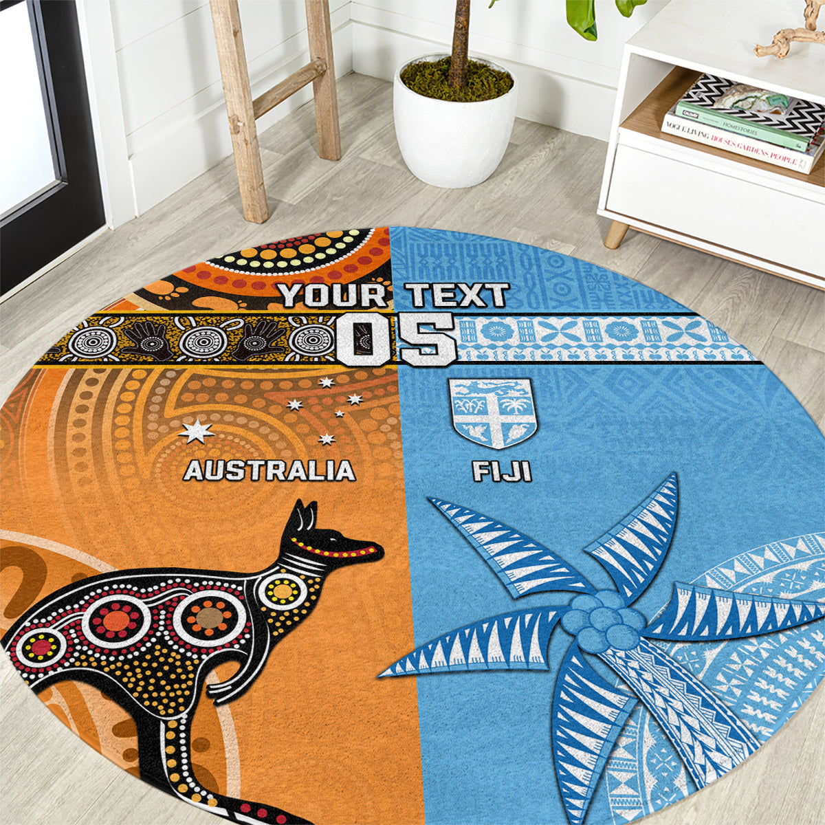 Custom Fiji Tapa And Australia Aboriginal Together Round Carpet LT05 Blue - Polynesian Pride