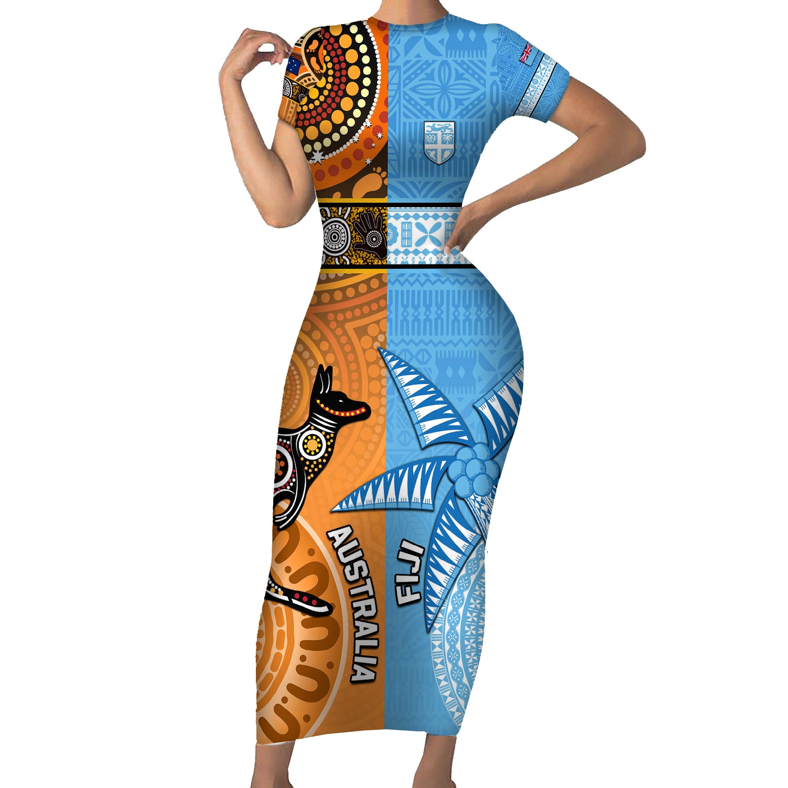 Custom Fiji Tapa And Australia Aboriginal Together Short Sleeve Bodycon Dress LT05 Long Dress Blue - Polynesian Pride