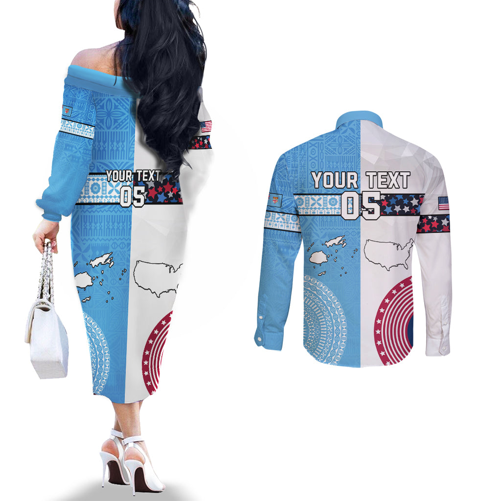 Custom Fiji And USA Palm Tree With Eagle Couples Matching Off The Shoulder Long Sleeve Dress and Long Sleeve Button Shirt LT05 - Polynesian Pride