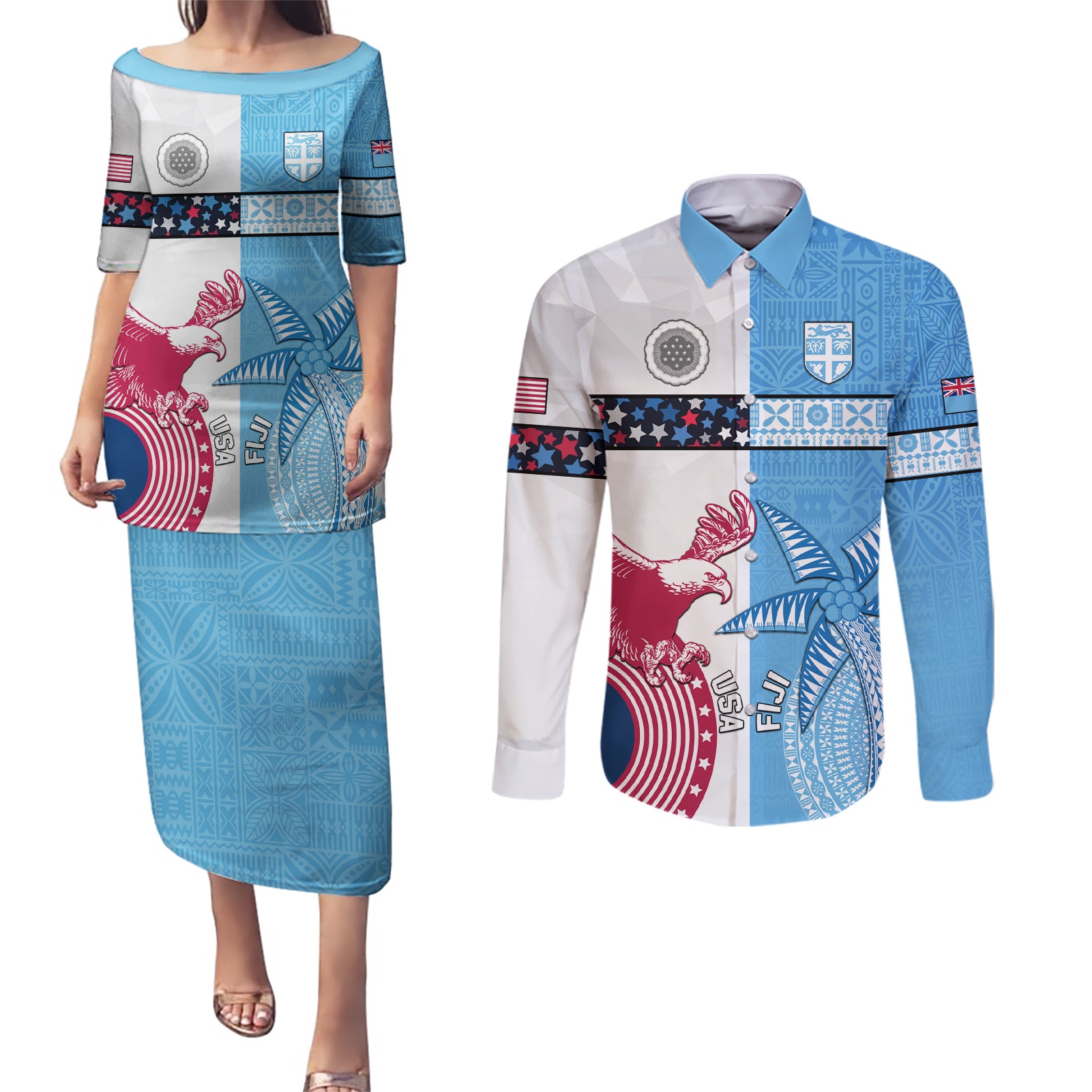 Custom Fiji And USA Palm Tree With Eagle Couples Matching Puletasi Dress and Long Sleeve Button Shirt LT05 Blue - Polynesian Pride