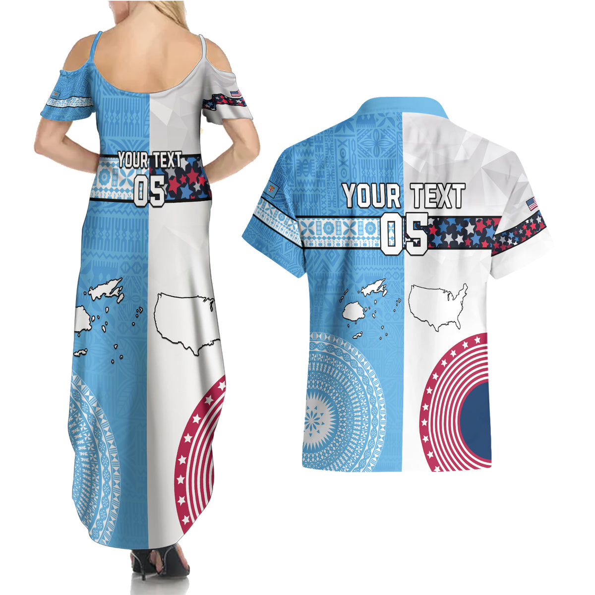 Custom Fiji And USA Palm Tree With Eagle Couples Matching Summer Maxi Dress and Hawaiian Shirt LT05 - Polynesian Pride