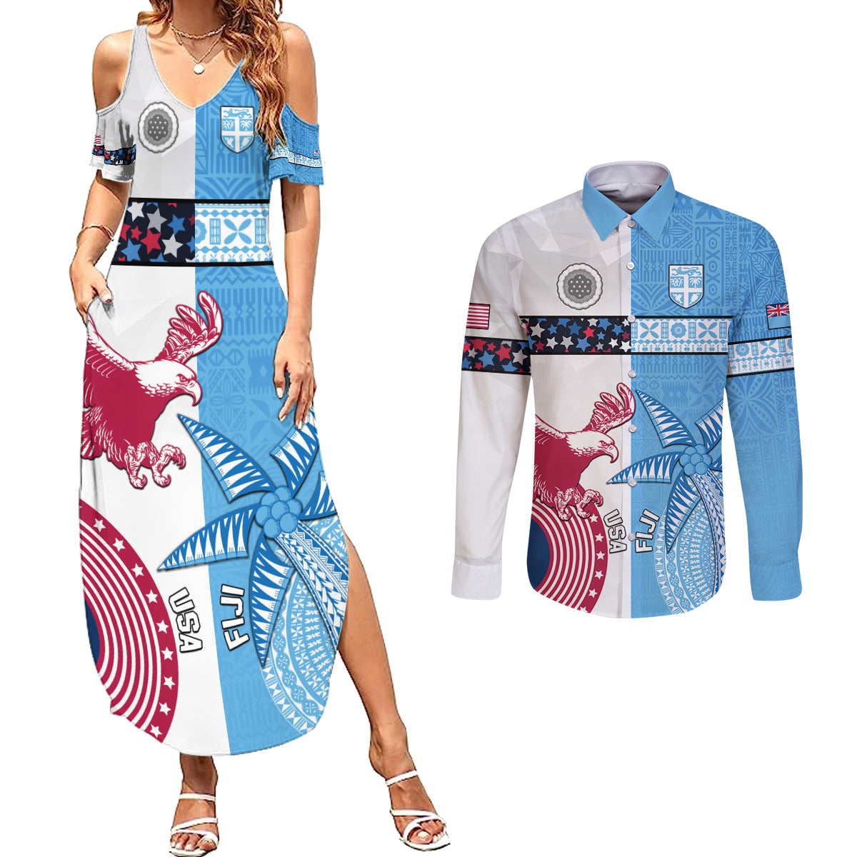 Custom Fiji And USA Palm Tree With Eagle Couples Matching Summer Maxi Dress and Long Sleeve Button Shirt LT05 Blue - Polynesian Pride