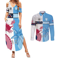 Custom Fiji And USA Palm Tree With Eagle Couples Matching Summer Maxi Dress and Long Sleeve Button Shirt LT05 Blue - Polynesian Pride