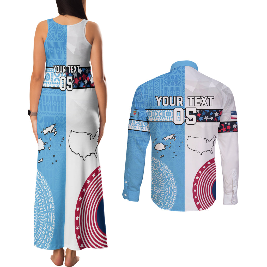 Custom Fiji And USA Palm Tree With Eagle Couples Matching Tank Maxi Dress and Long Sleeve Button Shirt LT05 - Polynesian Pride