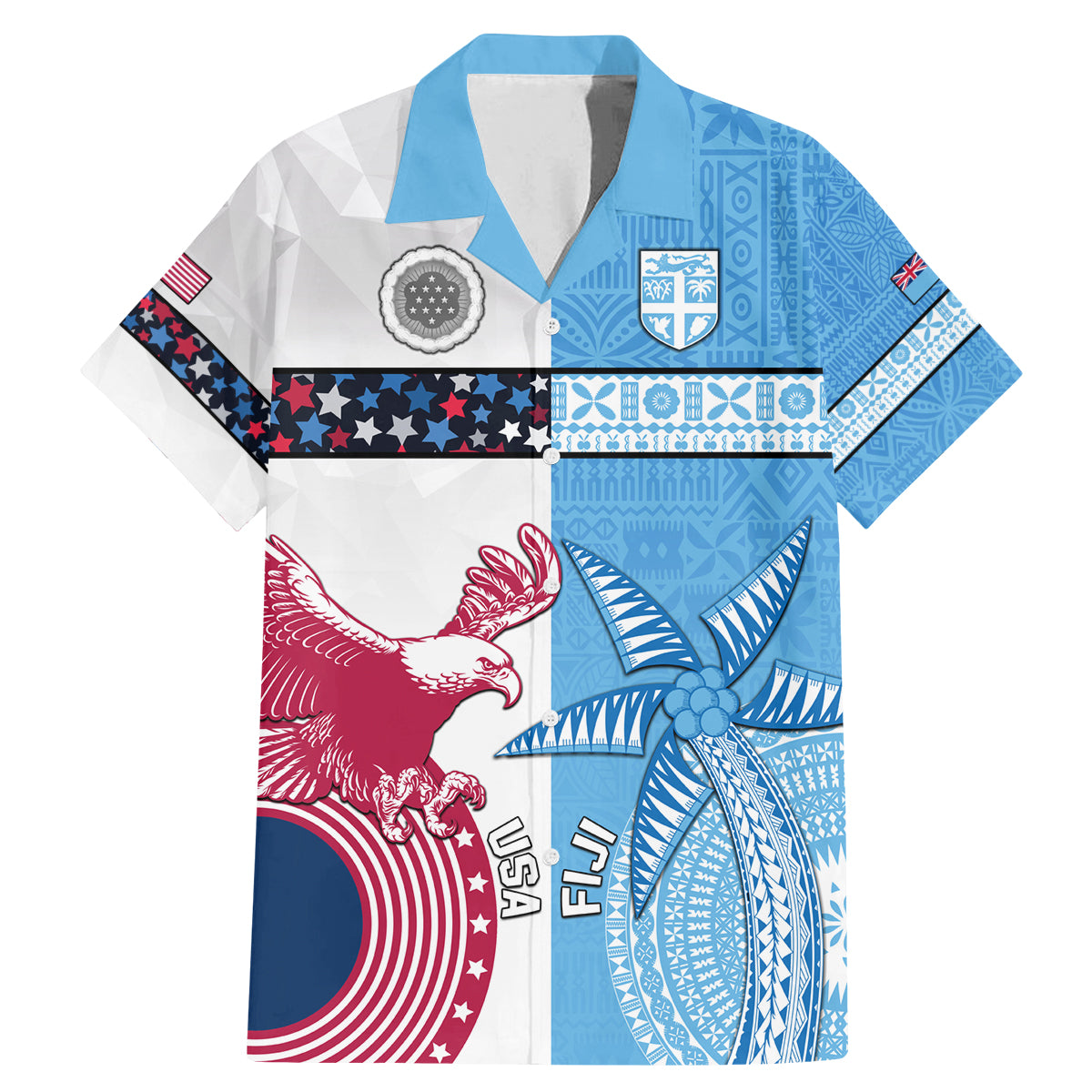 Custom Fiji And USA Palm Tree With Eagle Family Matching Mermaid Dress and Hawaiian Shirt LT05 Dad's Shirt - Short Sleeve Blue - Polynesian Pride