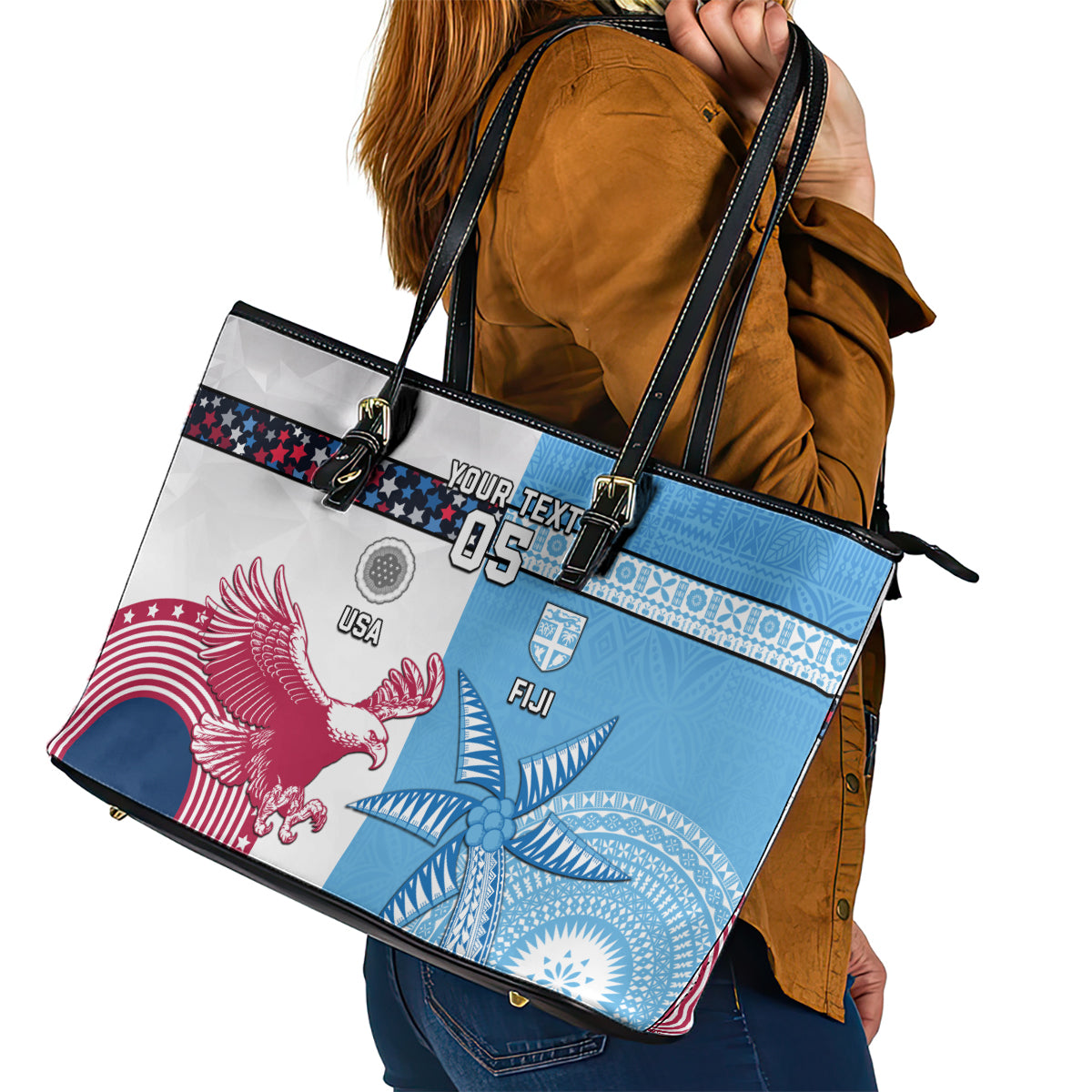 Custom Fiji And USA Palm Tree With Eagle Leather Tote Bag LT05 - Polynesian Pride