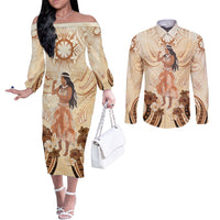 Tonga Women's Day Couples Matching Off The Shoulder Long Sleeve Dress and Long Sleeve Button Shirt With Polynesian Pattern LT05 Beige - Polynesian Pride