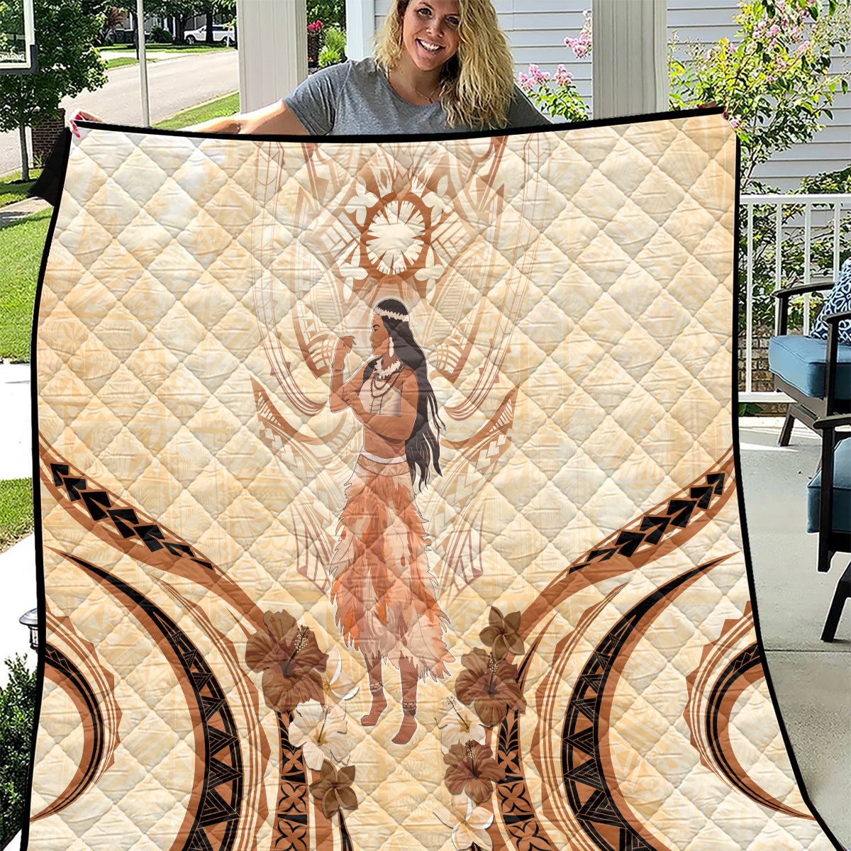 Tonga Women's Day Quilt With Polynesian Pattern LT05 Beige - Polynesian Pride