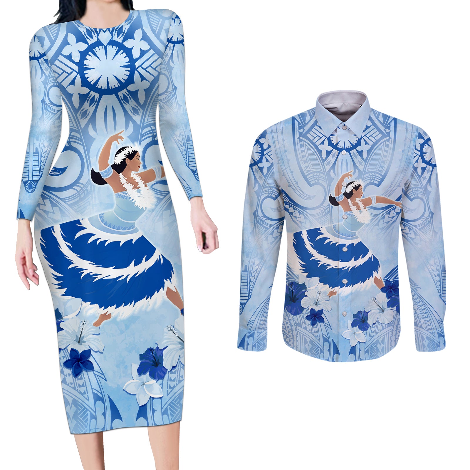 Cook Islands Women's Day Couples Matching Long Sleeve Bodycon Dress and Long Sleeve Button Shirt With Polynesian Pattern LT05 Blue - Polynesian Pride