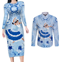 Cook Islands Women's Day Couples Matching Long Sleeve Bodycon Dress and Long Sleeve Button Shirt With Polynesian Pattern LT05 Blue - Polynesian Pride