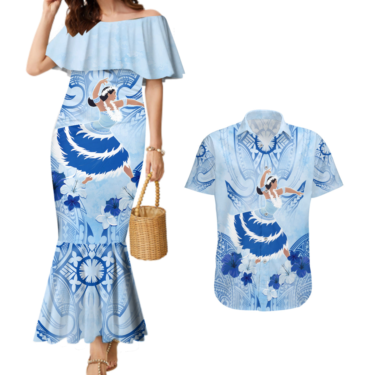Cook Islands Women's Day Couples Matching Mermaid Dress and Hawaiian Shirt With Polynesian Pattern LT05 Blue - Polynesian Pride