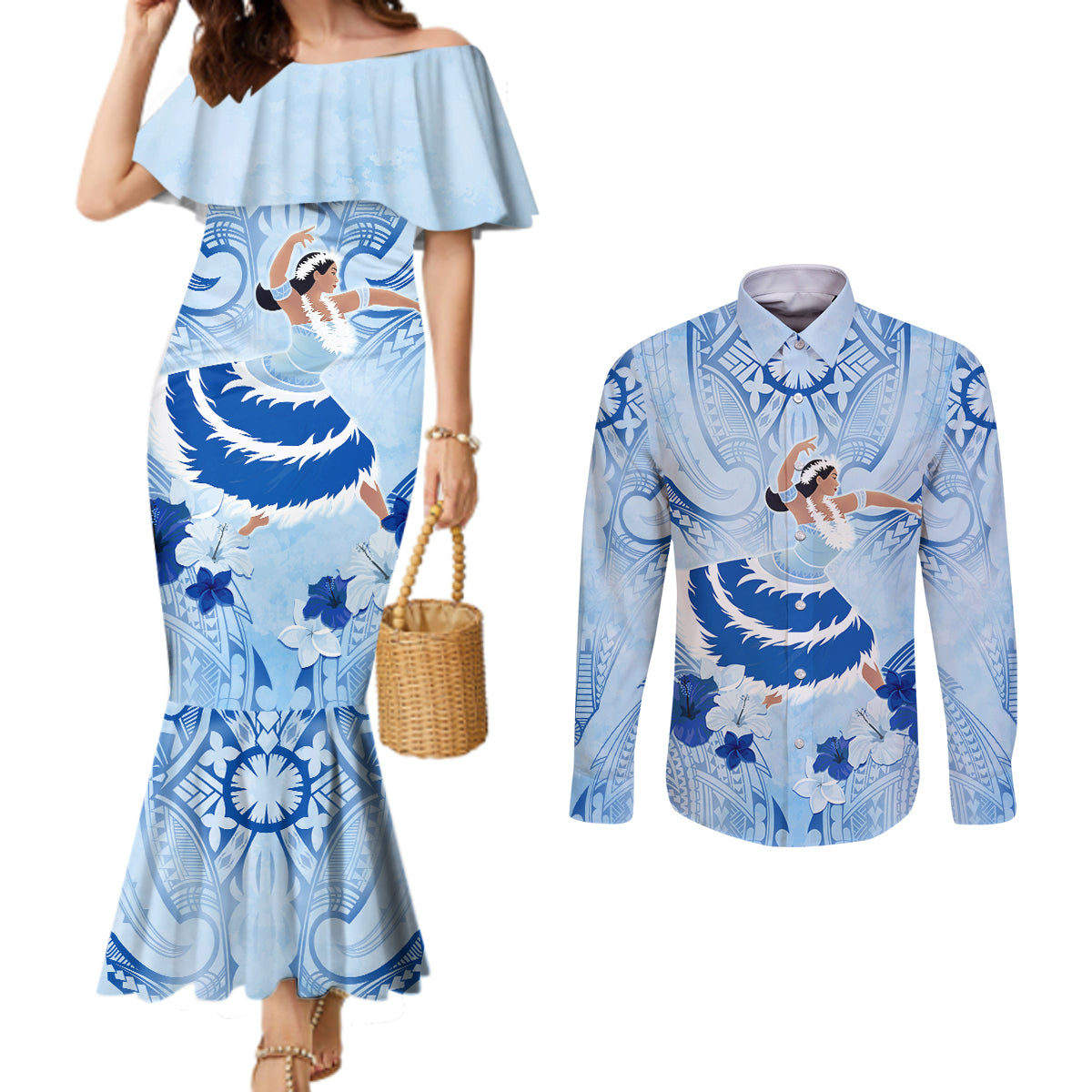 Cook Islands Women's Day Couples Matching Mermaid Dress and Long Sleeve Button Shirt With Polynesian Pattern LT05 Blue - Polynesian Pride