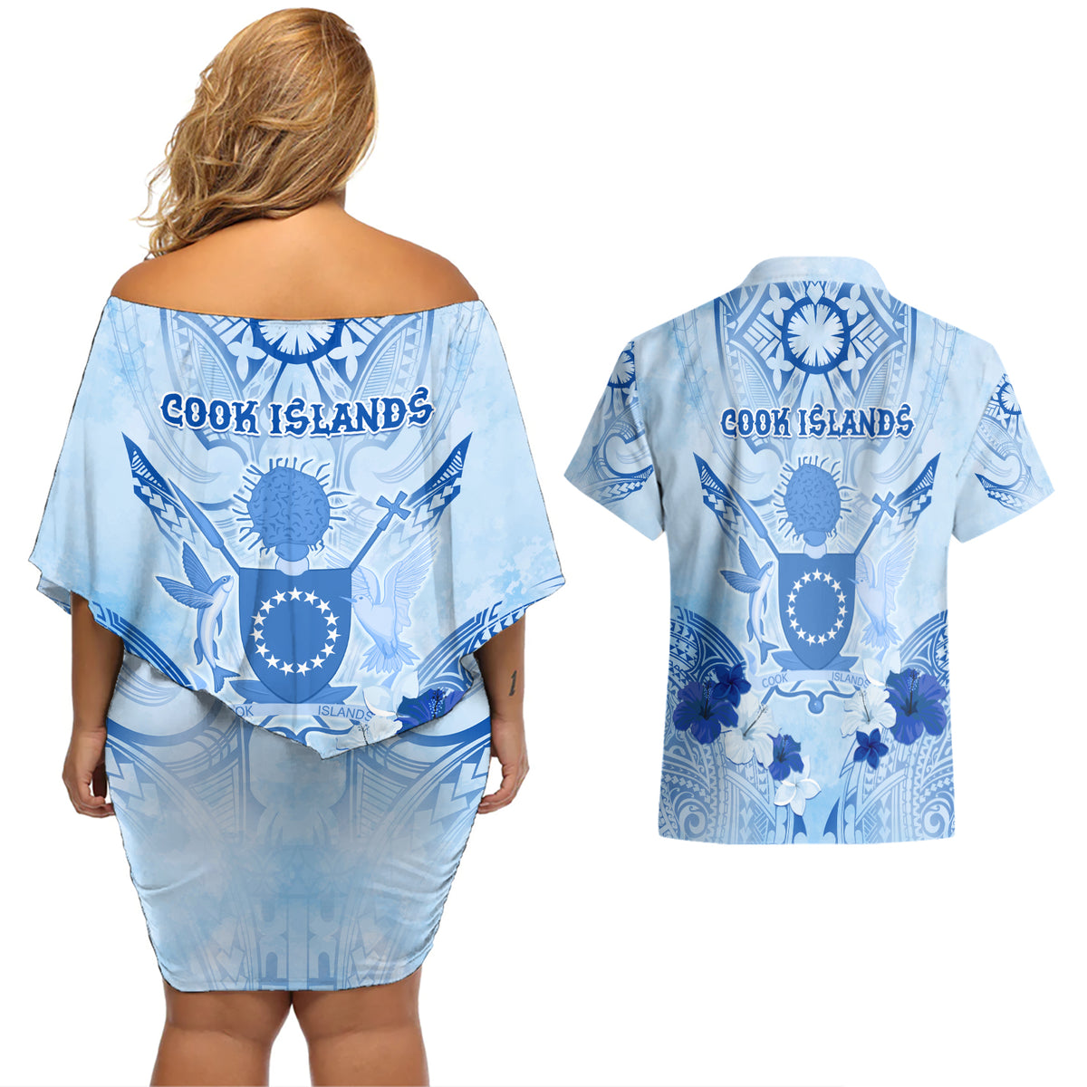 Cook Islands Women's Day Couples Matching Off Shoulder Short Dress and Hawaiian Shirt With Polynesian Pattern LT05 - Polynesian Pride