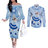 Cook Islands Women's Day Couples Matching Off The Shoulder Long Sleeve Dress and Long Sleeve Button Shirt With Polynesian Pattern LT05 Blue - Polynesian Pride