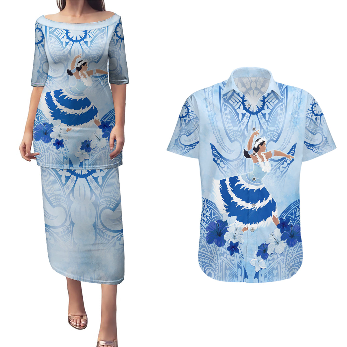 Cook Islands Women's Day Couples Matching Puletasi and Hawaiian Shirt With Polynesian Pattern LT05 Blue - Polynesian Pride