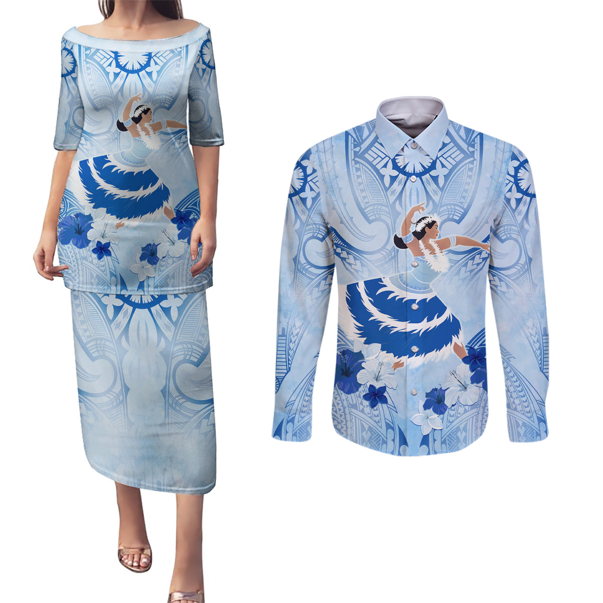 Cook Islands Women's Day Couples Matching Puletasi and Long Sleeve Button Shirt With Polynesian Pattern LT05 Blue - Polynesian Pride