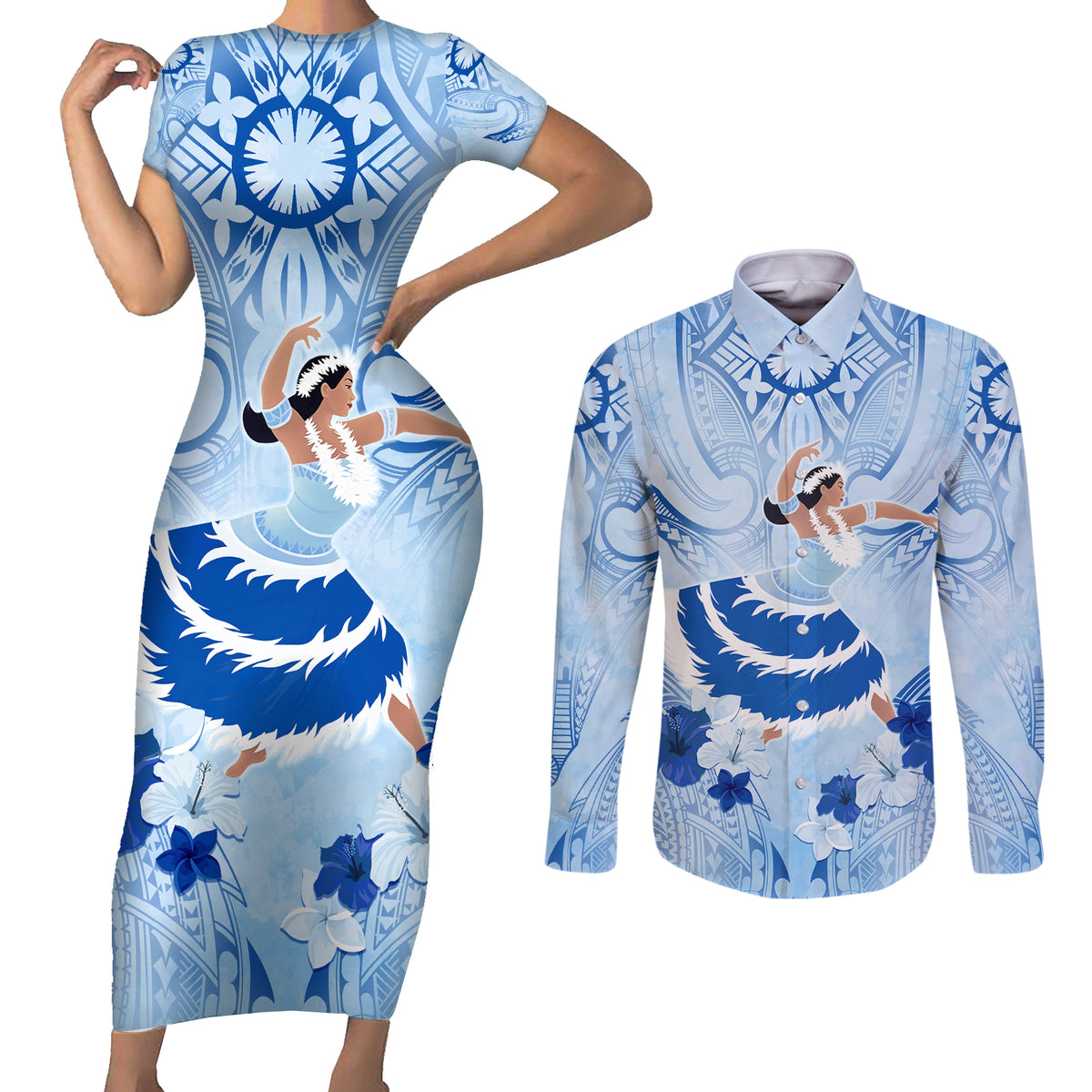 Cook Islands Women's Day Couples Matching Short Sleeve Bodycon Dress and Long Sleeve Button Shirt With Polynesian Pattern LT05 Blue - Polynesian Pride