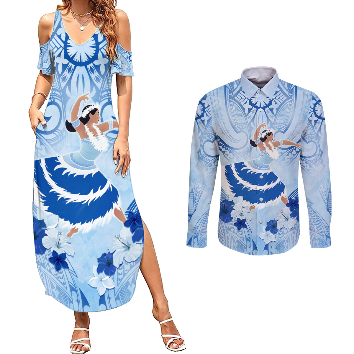 Cook Islands Women's Day Couples Matching Summer Maxi Dress and Long Sleeve Button Shirt With Polynesian Pattern LT05 Blue - Polynesian Pride