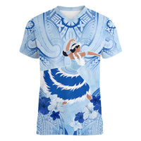 Cook Islands Women's Day Women V Neck T Shirt With Polynesian Pattern LT05 Female Blue - Polynesian Pride