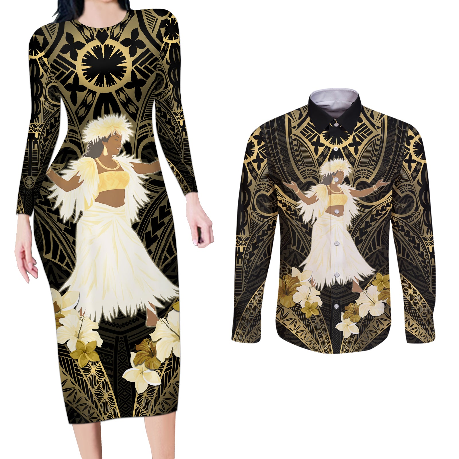 Niue Women's Day Couples Matching Long Sleeve Bodycon Dress and Long Sleeve Button Shirt With Polynesian Pattern LT05 Gold - Polynesian Pride