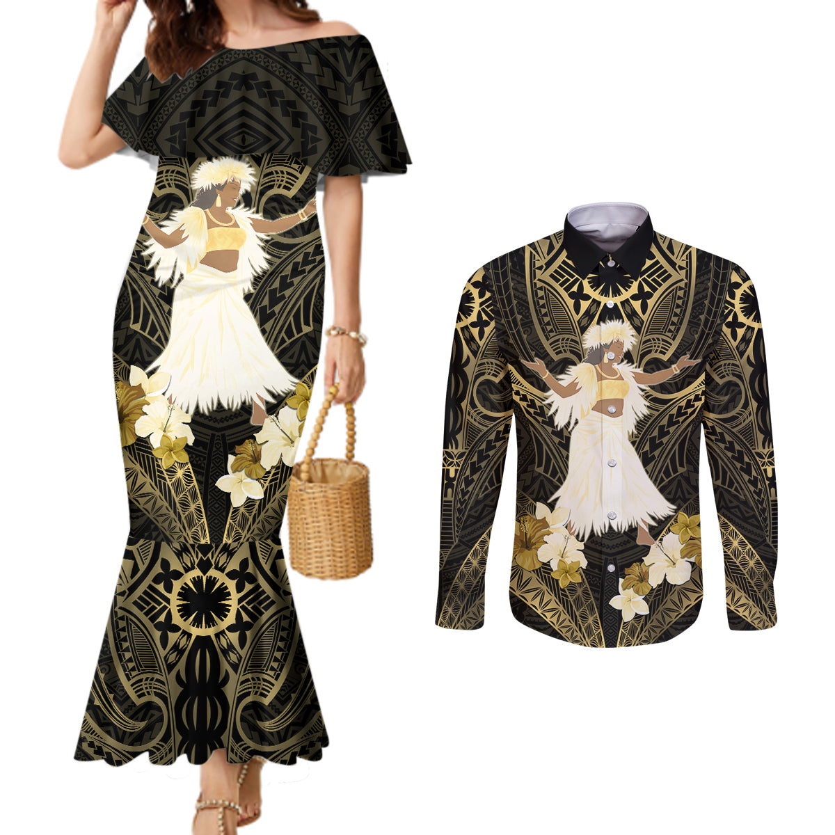 Niue Women's Day Couples Matching Mermaid Dress and Long Sleeve Button Shirt With Polynesian Pattern LT05 Gold - Polynesian Pride