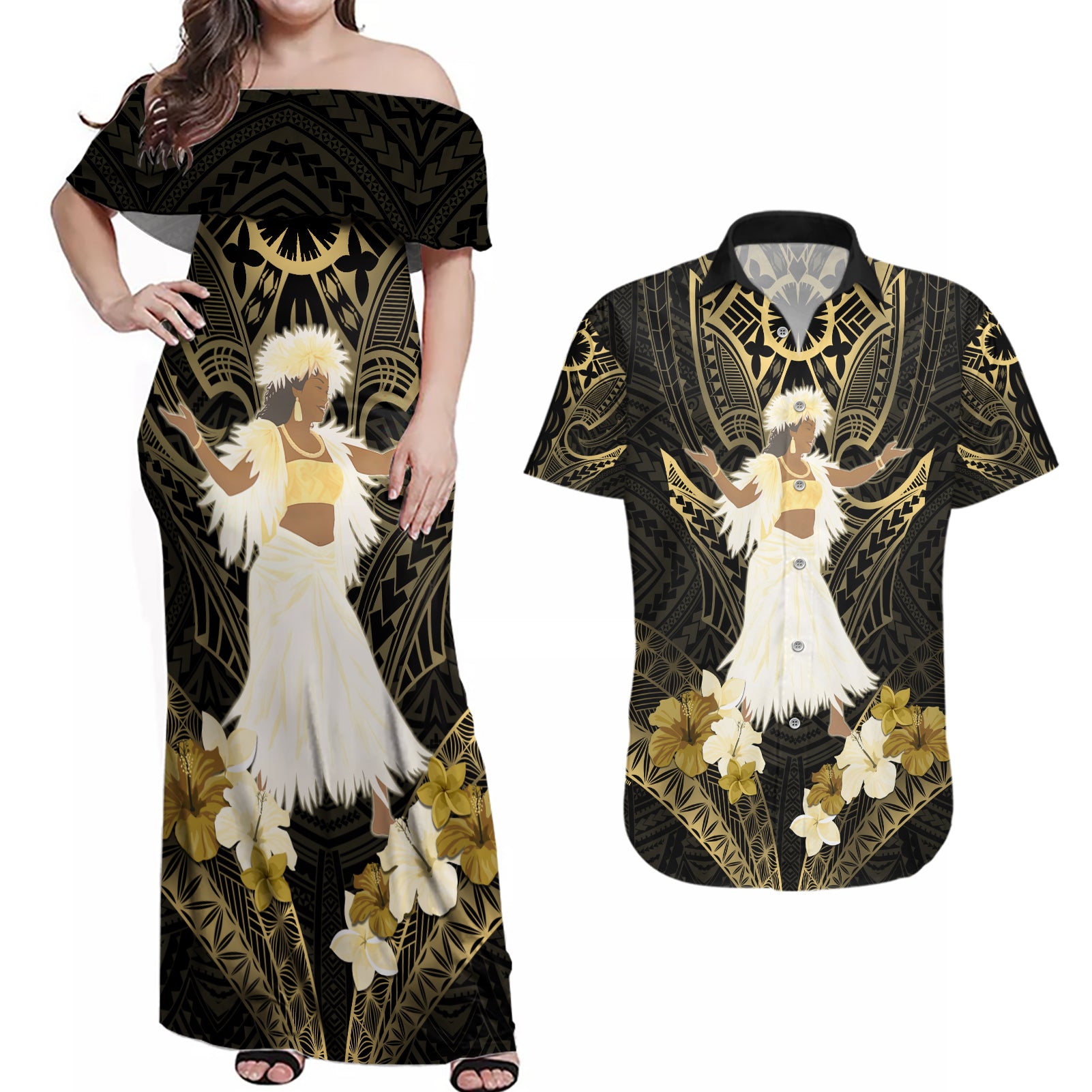 Niue Women's Day Couples Matching Off Shoulder Maxi Dress and Hawaiian Shirt With Polynesian Pattern LT05 Gold - Polynesian Pride