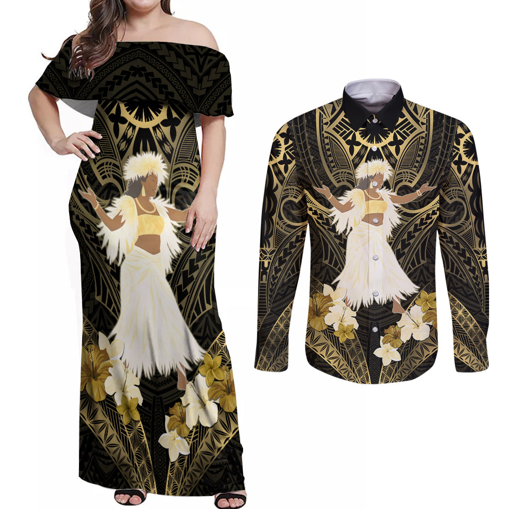 Niue Women's Day Couples Matching Off Shoulder Maxi Dress and Long Sleeve Button Shirt With Polynesian Pattern LT05 Gold - Polynesian Pride