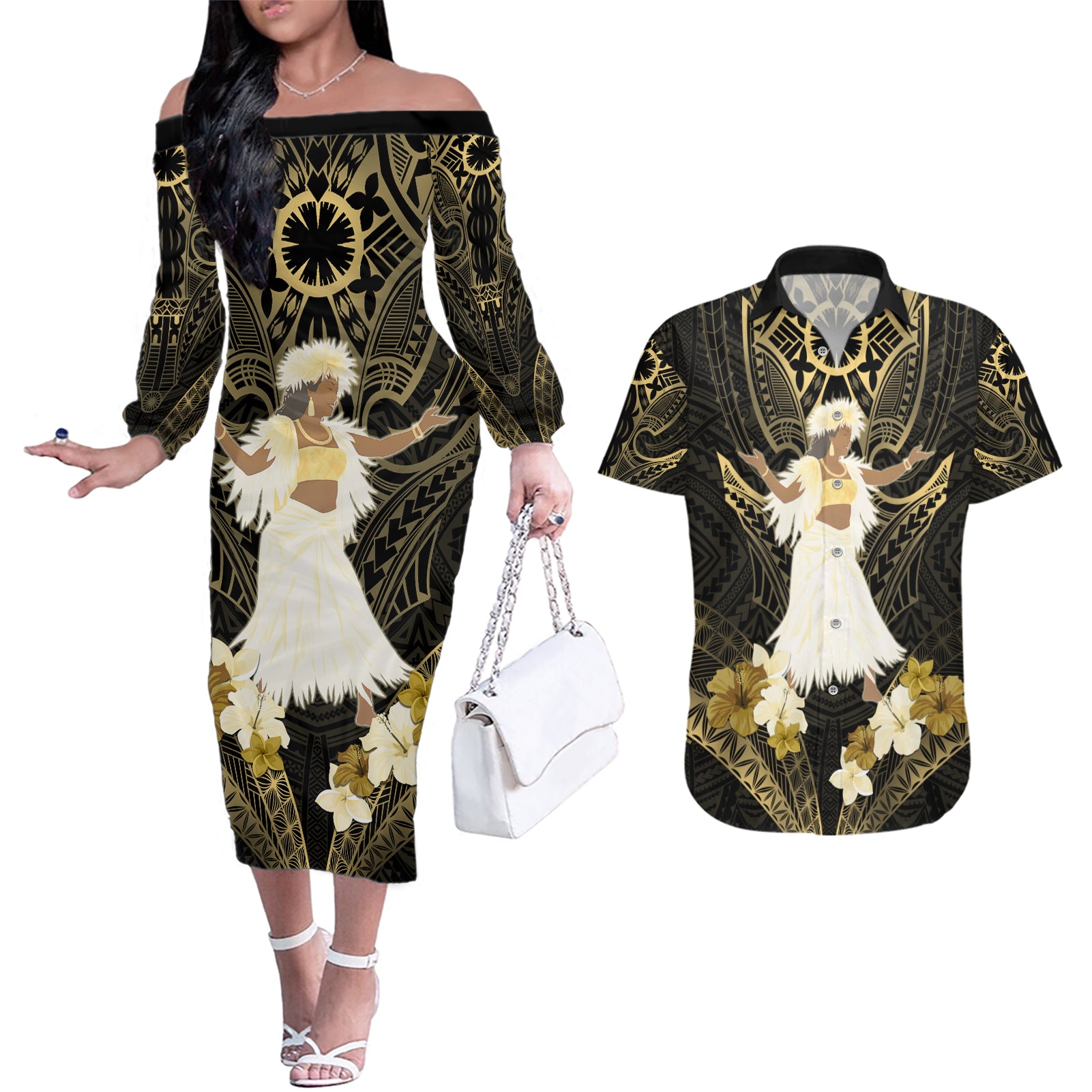 Niue Women's Day Couples Matching Off The Shoulder Long Sleeve Dress and Hawaiian Shirt With Polynesian Pattern LT05 Gold - Polynesian Pride
