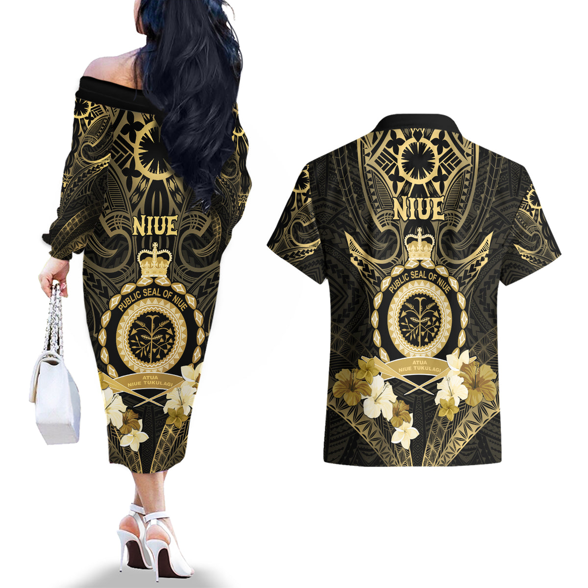 Niue Women's Day Couples Matching Off The Shoulder Long Sleeve Dress and Hawaiian Shirt With Polynesian Pattern LT05 - Polynesian Pride