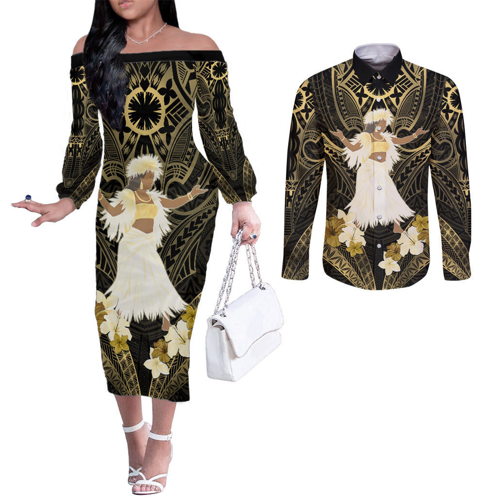 Niue Women's Day Couples Matching Off The Shoulder Long Sleeve Dress and Long Sleeve Button Shirt With Polynesian Pattern LT05 Gold - Polynesian Pride