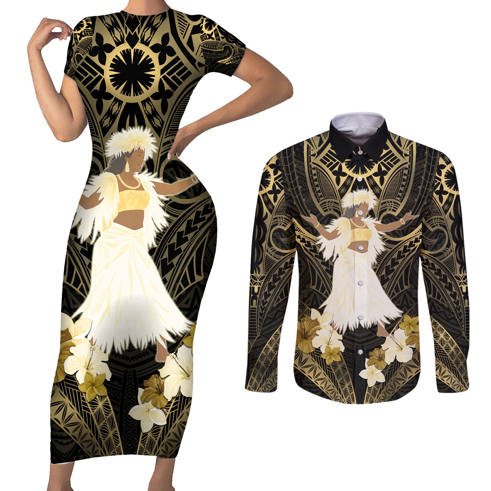 Niue Women's Day Couples Matching Short Sleeve Bodycon Dress and Long Sleeve Button Shirt With Polynesian Pattern LT05 Gold - Polynesian Pride