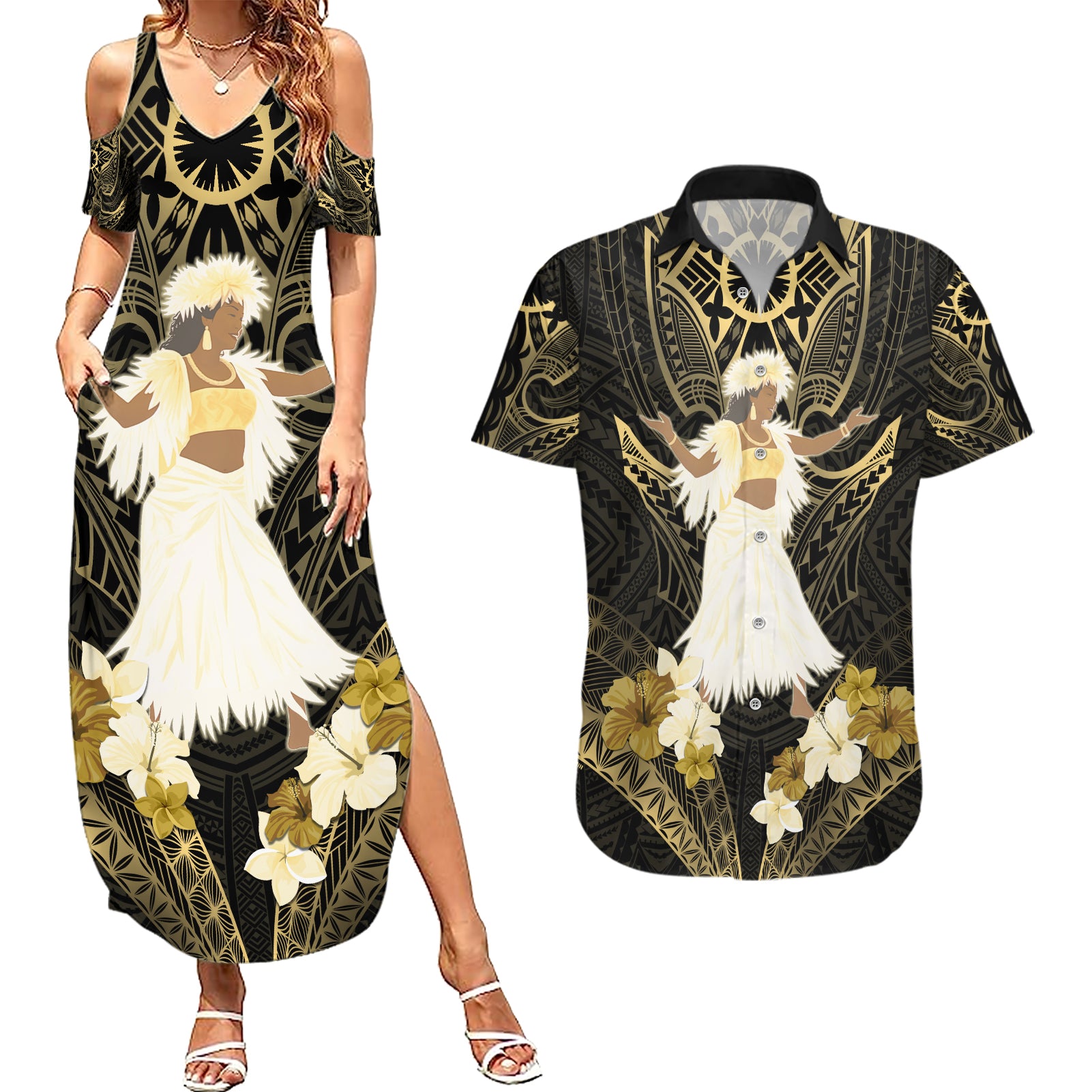 Niue Women's Day Couples Matching Summer Maxi Dress and Hawaiian Shirt With Polynesian Pattern LT05 Gold - Polynesian Pride