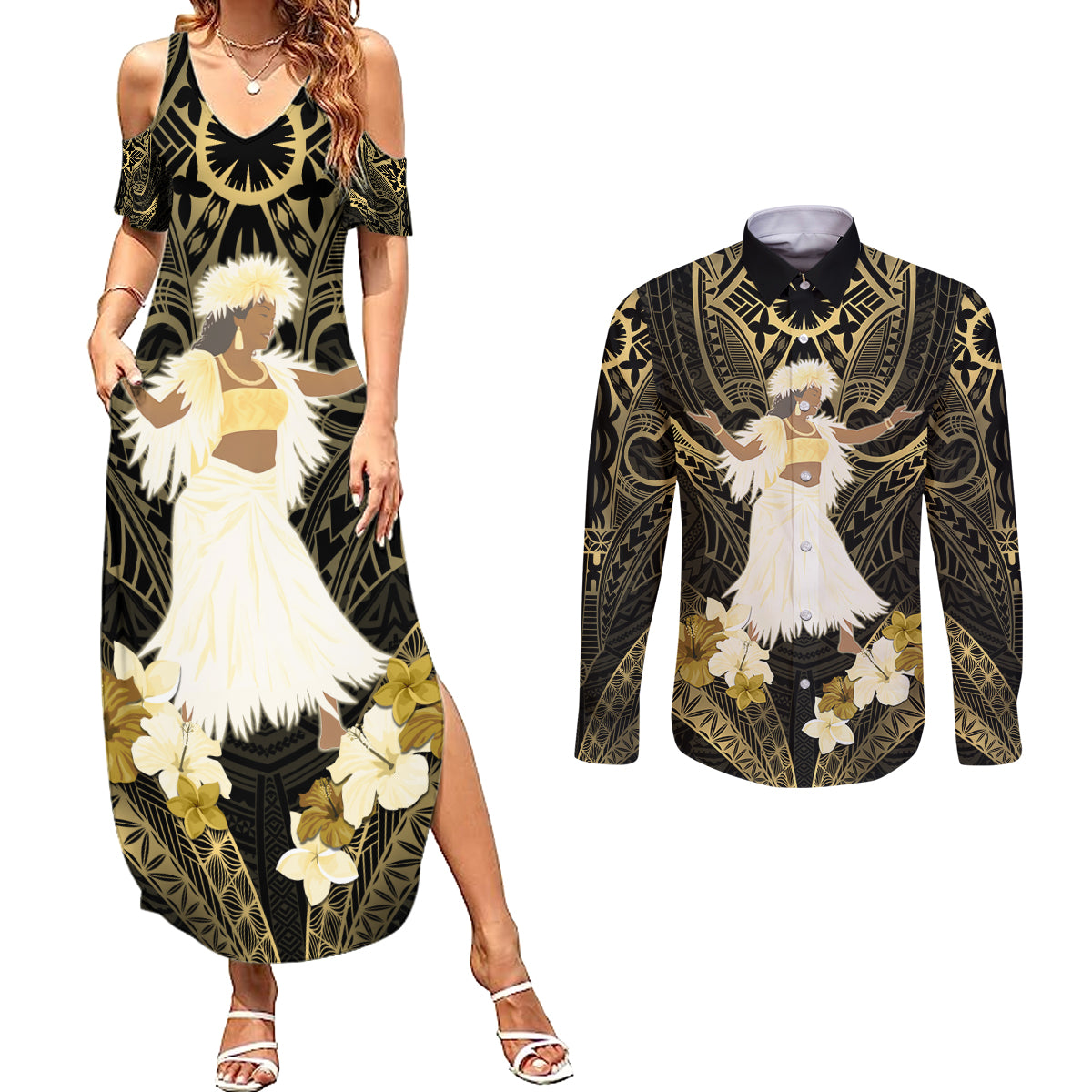 Niue Women's Day Couples Matching Summer Maxi Dress and Long Sleeve Button Shirt With Polynesian Pattern LT05 Gold - Polynesian Pride