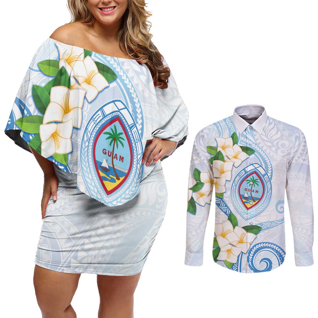 Guam Chamorro Couples Matching Off Shoulder Short Dress and Long Sleeve Button Shirt Guasali Flowers Curves Style