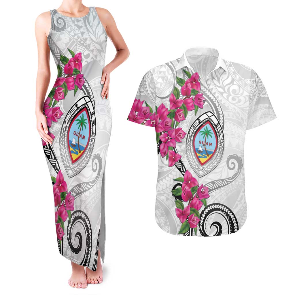 Guam Chamorro Couples Matching Tank Maxi Dress and Hawaiian Shirt Curves Polynesian Tattoo Mix Bougainvillea