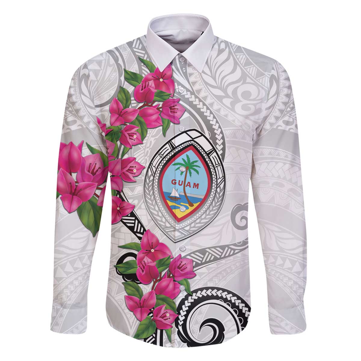 Guam Chamorro Family Matching Off The Shoulder Long Sleeve Dress and Hawaiian Shirt Curves Polynesian Tattoo Mix Bougainvillea