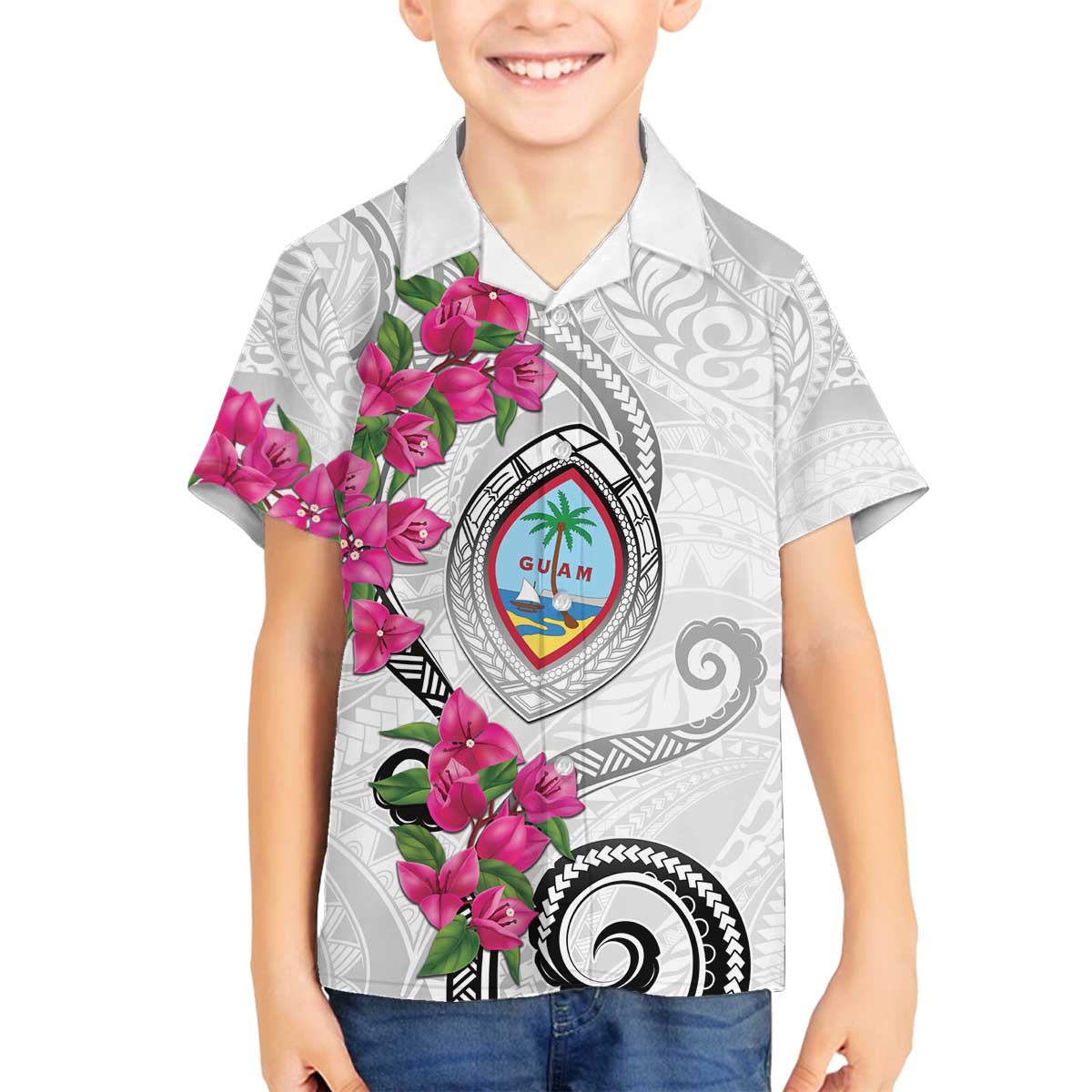 Guam Chamorro Family Matching Off The Shoulder Long Sleeve Dress and Hawaiian Shirt Curves Polynesian Tattoo Mix Bougainvillea