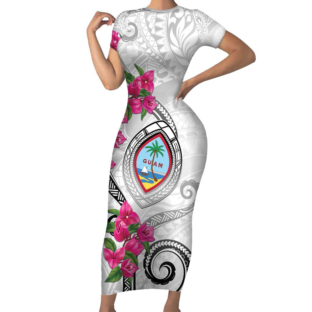 Guam Chamorro Short Sleeve Bodycon Dress Curves Polynesian Tattoo Mix Bougainvillea
