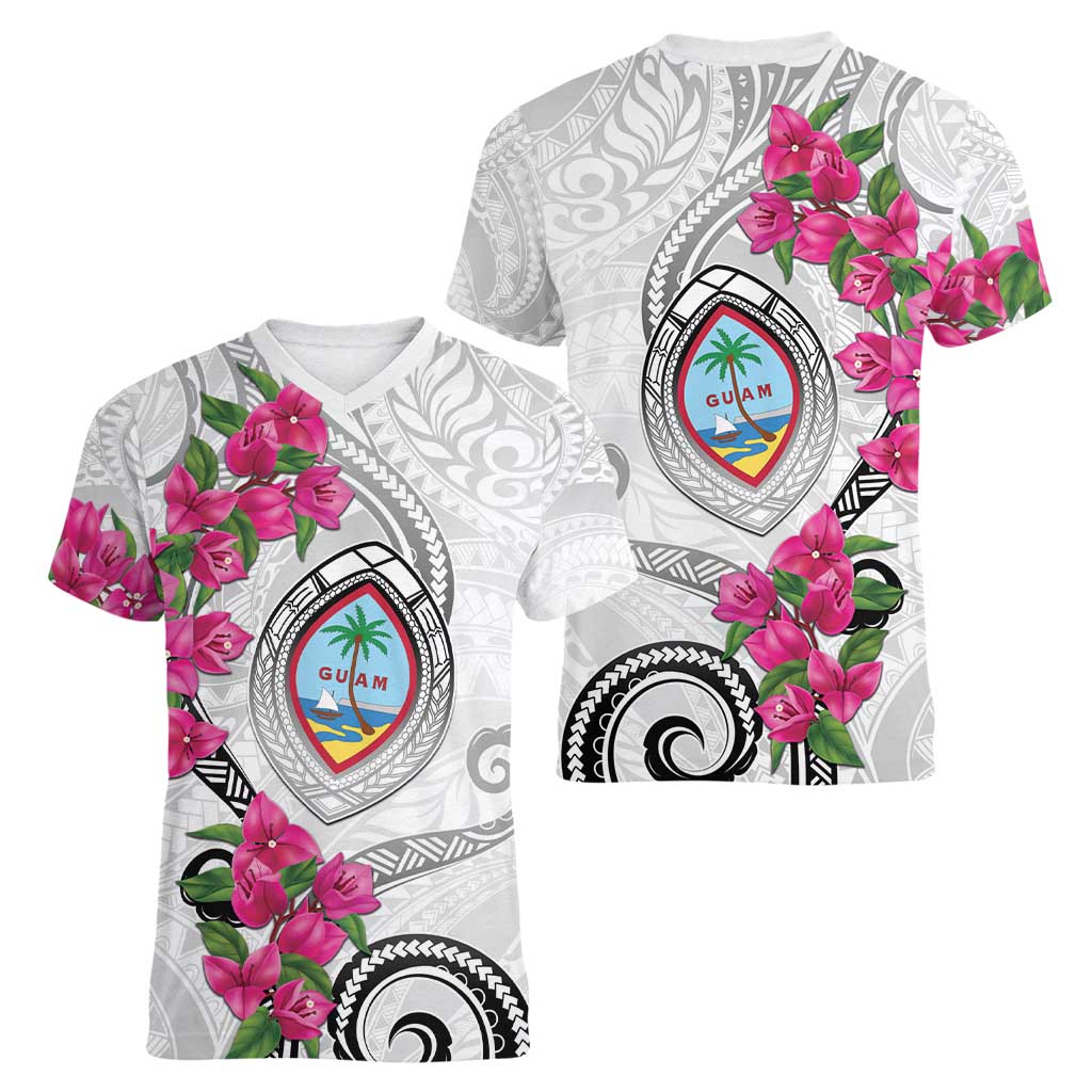 Guam Chamorro Women V-Neck T-Shirt Curves Polynesian Tattoo Mix Bougainvillea