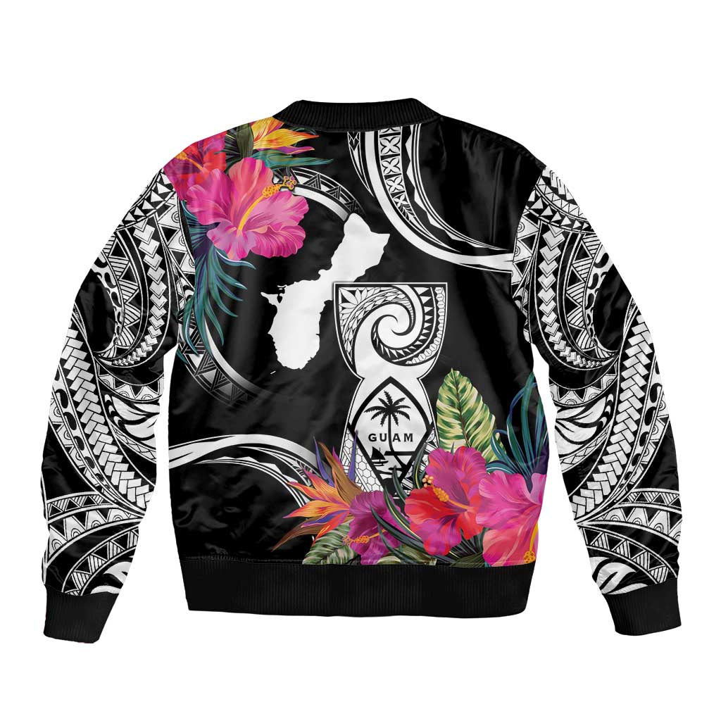 Hafa Adai Guam Bomber Jacket Polynesian Tattoo Tropical Flowers