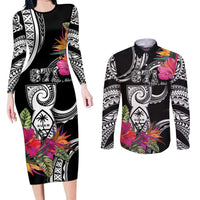 Hafa Adai Guam Couples Matching Long Sleeve Bodycon Dress and Long Sleeve Button Shirt Polynesian Tattoo Tropical Flowers