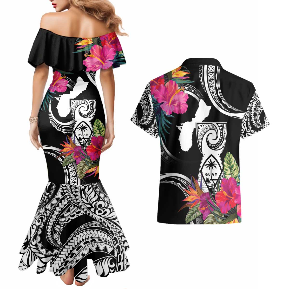 Hafa Adai Guam Couples Matching Mermaid Dress and Hawaiian Shirt Polynesian Tattoo Tropical Flowers